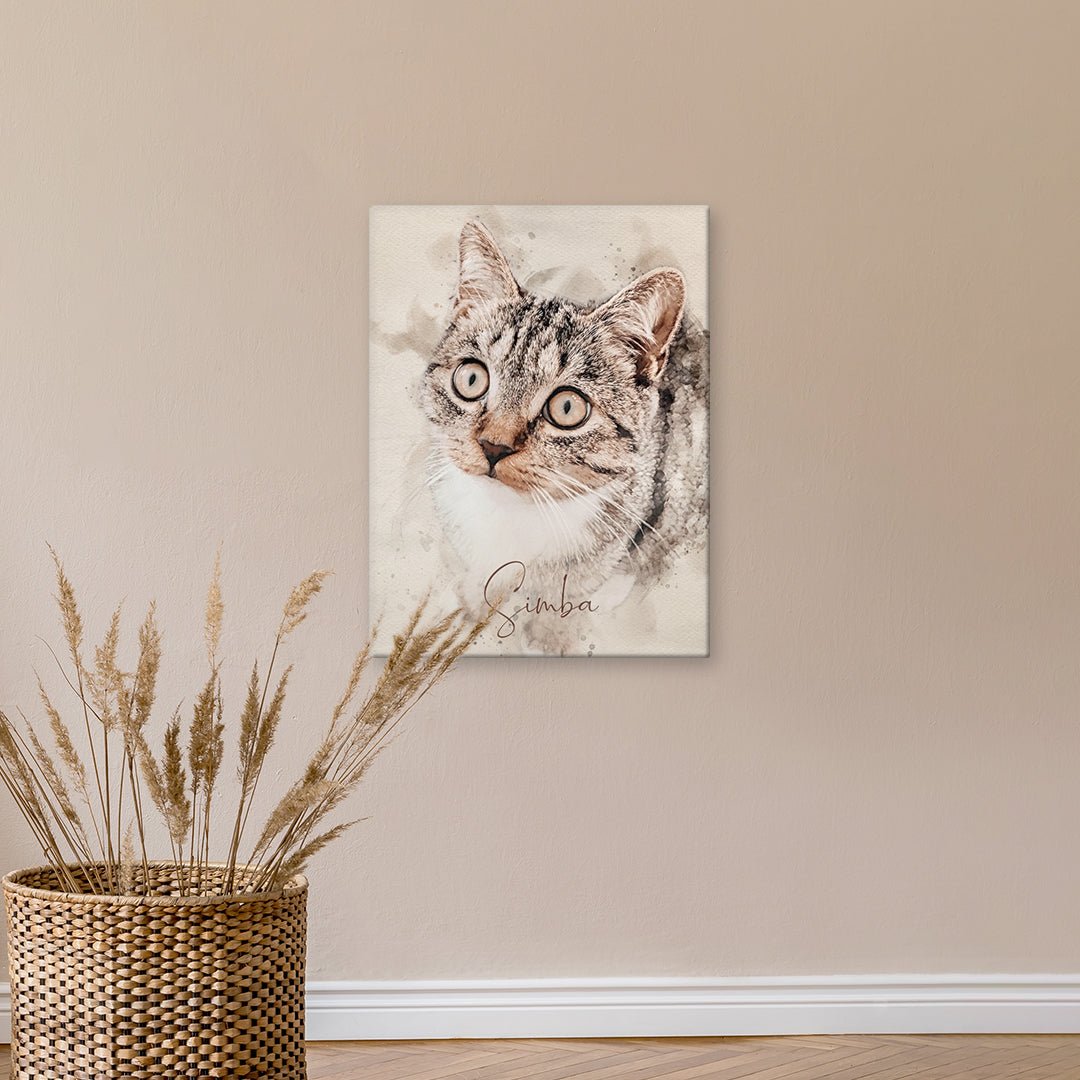 Katze als personalisiertes Gemälde. Foto von Katze als Hundeportrait. Leinwand in 50 x 70 cm.