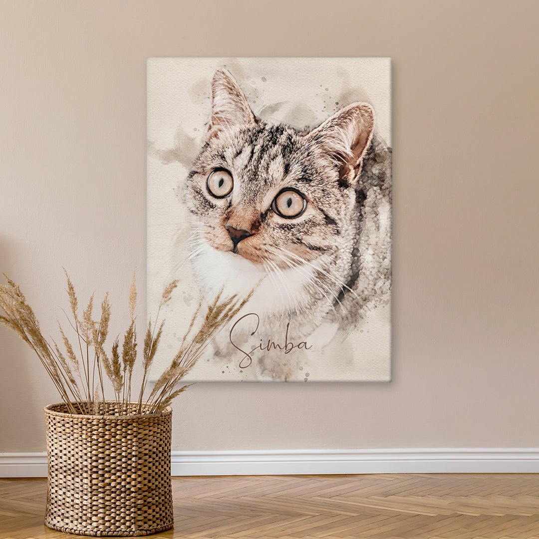 Katze als Gemälde. Wir malen deinen Hund als Katzenportrait nach Fotovorlage. Leinwand in 80 x 120 cm.