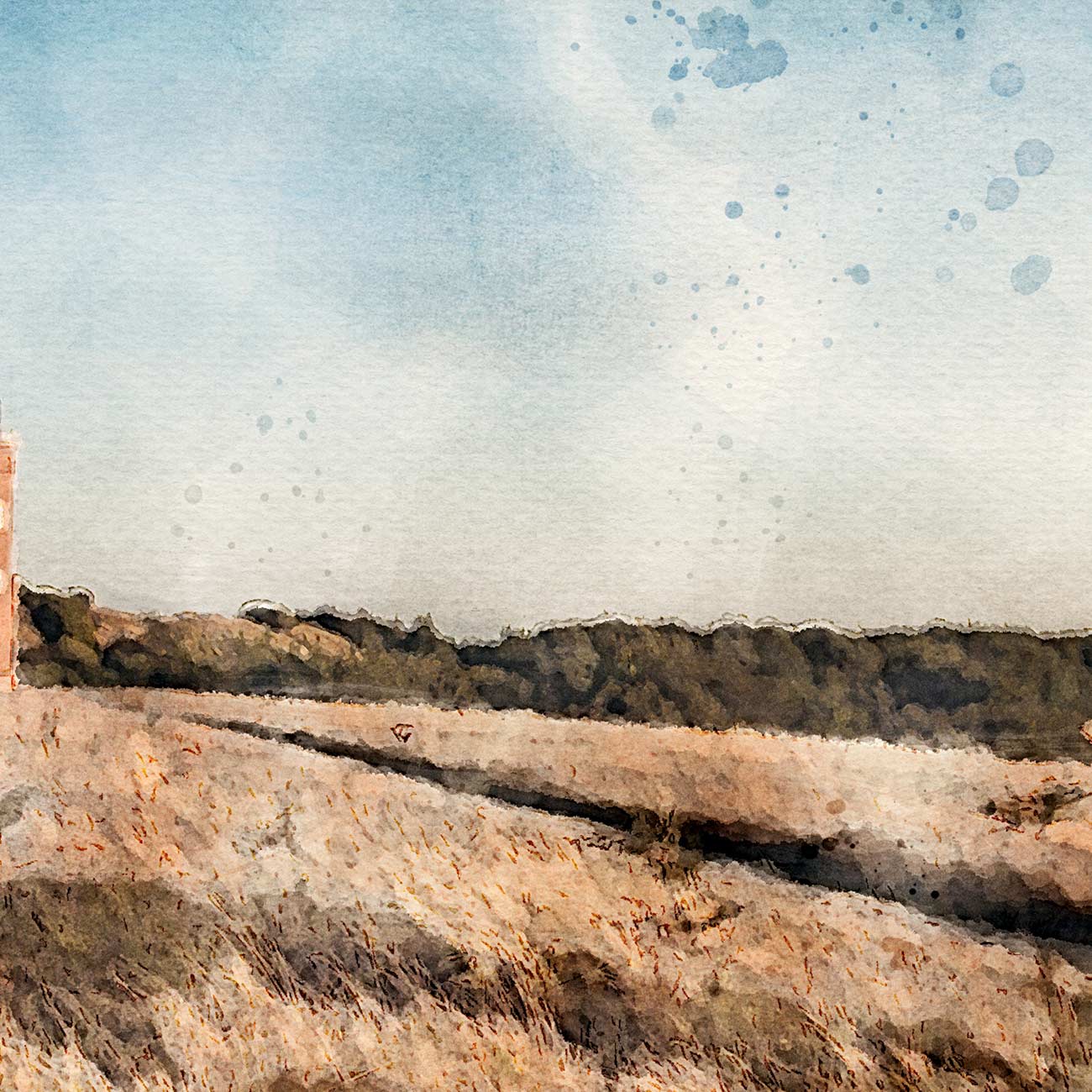 Ostsee Strand mit Leuchtturm in Aquarell gemalt