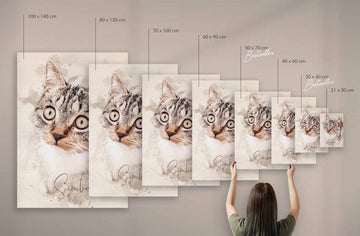 Dein Katzengemälde in verschiedenen Größen: Wähle zwischen vielen Größen. Wunschgröße von 30 x 21 cm im A4-Format bis hin zur XXL-Größe in 140 x 100 cm