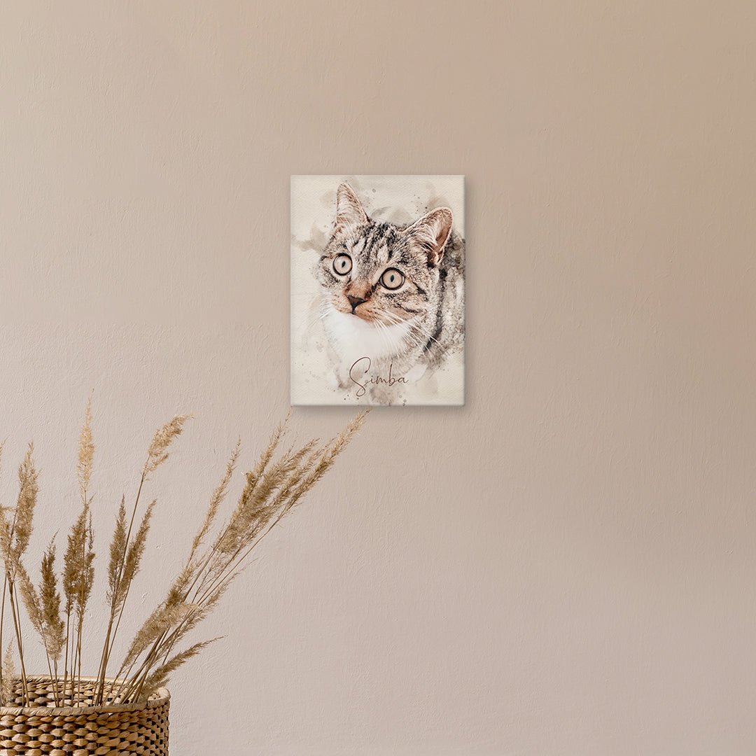 Dein personalisiertes Katzenportrait nach Fotovorlage ist eine einzigartige Erinnerung für dein Zuhause. Leinwand in 30 x 40 cm.