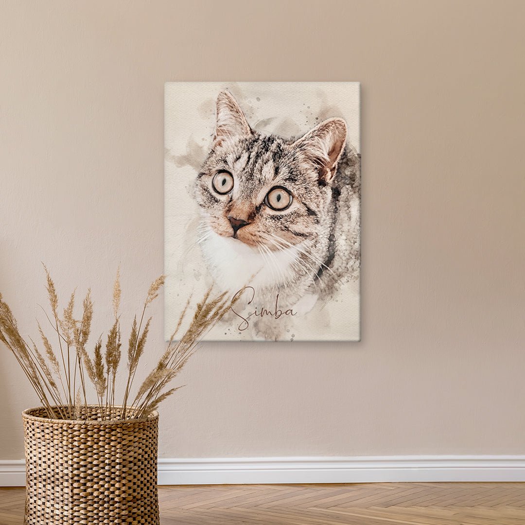 Foto von Katze auf Leinwand oder Poster gemalt. Katzenfoto als Gemälde. Leinwand in 60 x 90 cm.